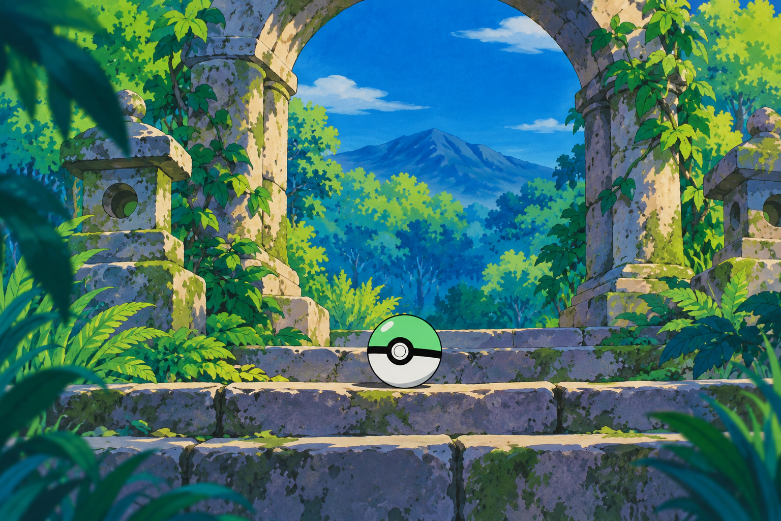 A green capture sphere at an old forest shrine, painted in a classic cartoon style
